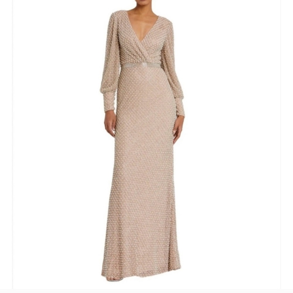 Mac Duggal Pearl Embellished Gown in Tan